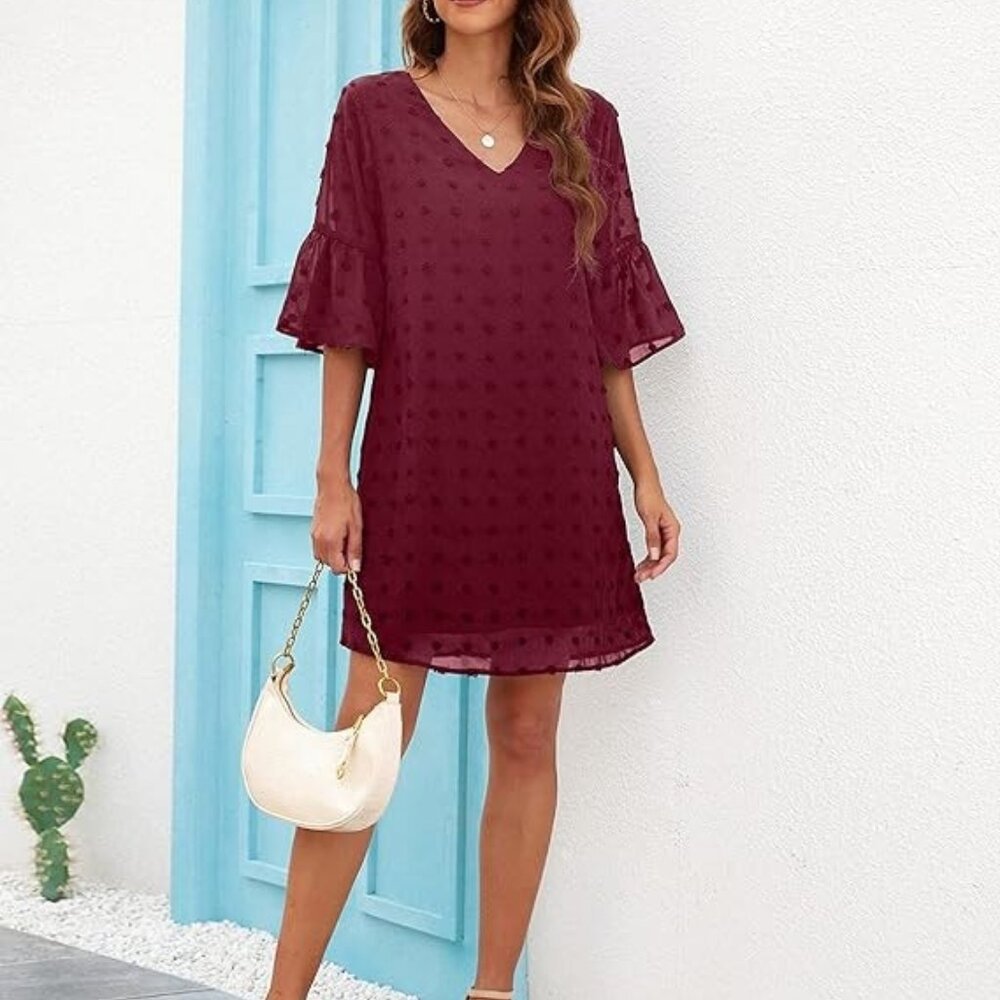 Blooming Jelly Women's Dress, Short Sleeve, V-neck, Chiffon - XLg - Red Wine